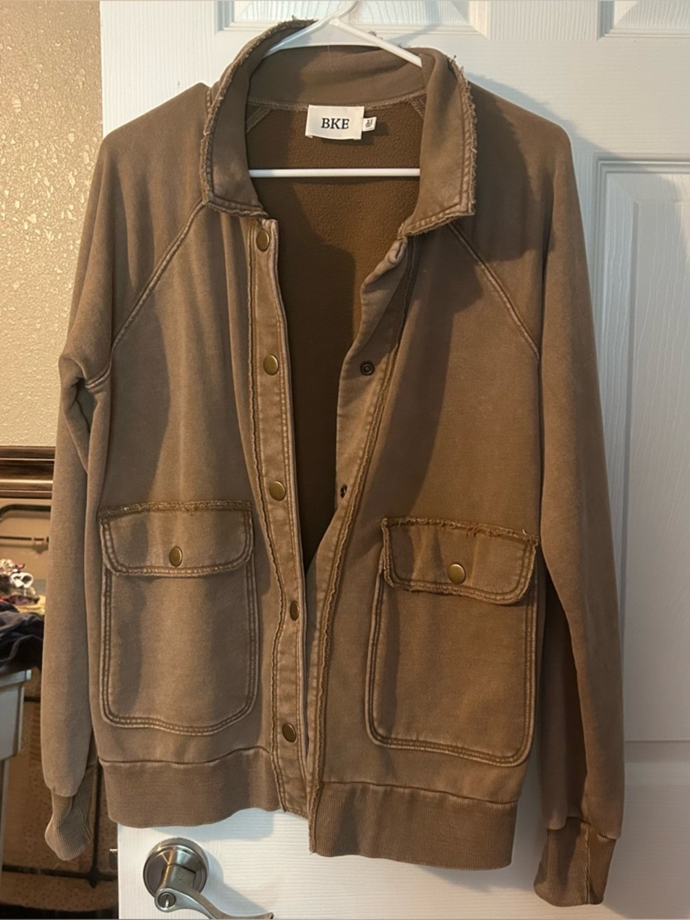 BKE buckle oversized XS brown khaki vintage washed jacket with flap pocket